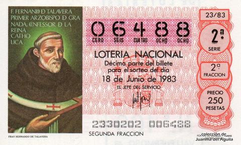 Décimo de Lotería Nacional de 1983 Sorteo 23 - FRAY HERNANDO DE TALAVERA