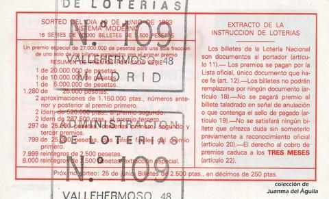 Reverso del décimo de Lotería Nacional de 1983 Sorteo 23