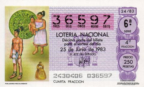 Décimo de Lotería Nacional de 1983 Sorteo 24 - POBLADORES PRECOLOMBINOS