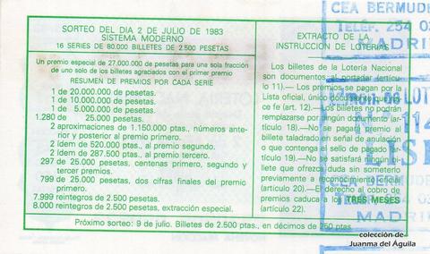 Reverso del décimo de Lotería Nacional de 1983 Sorteo 25