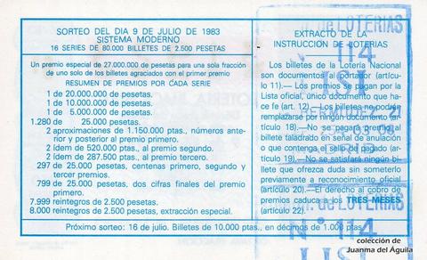 Reverso del décimo de Lotería Nacional de 1983 Sorteo 26