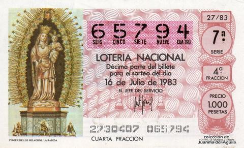 Décimo de Lotería Nacional de 1983 Sorteo 27 - VIRGEN DE LOS MILAGROS. LA RABIDA