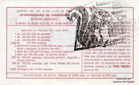Reverso del décimo de Lotería Nacional de 1983 Sorteo 27