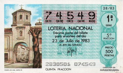 Décimo de Lotería Nacional de 1983 Sorteo 28 - PUERTA DE LOJA. SANTA FE