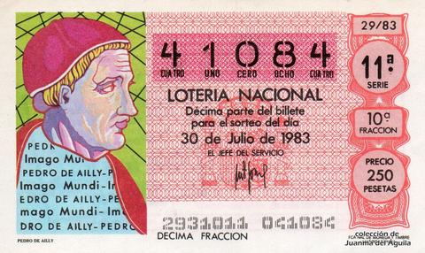 Décimo de Lotería Nacional de 1983 Sorteo 29 - PEDRO DE AILLY