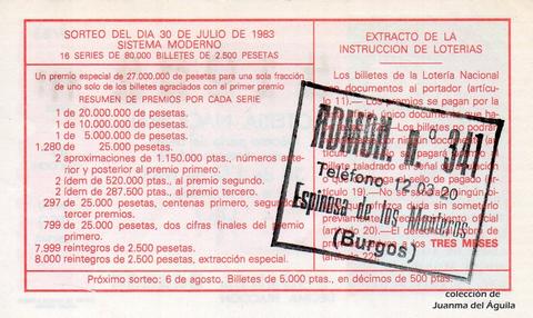 Reverso del décimo de Lotería Nacional de 1983 Sorteo 29