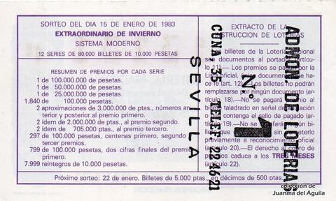 Reverso del décimo de Lotería Nacional de 1983 Sorteo 2