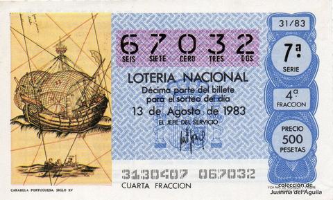 Décimo de Lotería Nacional de 1983 Sorteo 31 - CARABELA PORTUGUESA. SIGLO XV