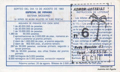 Reverso del décimo de Lotería Nacional de 1983 Sorteo 31