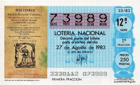 Décimo de Lotería Nacional de 1983 Sorteo 33 - PORTADA DE LA HISTORIA DE FERNANDO COLON