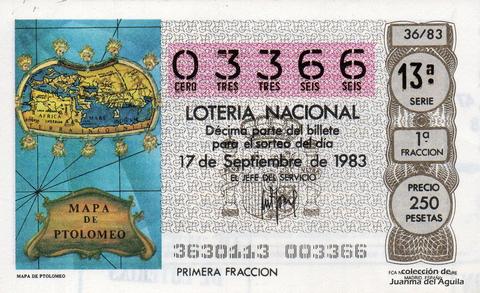 Décimo de Lotería Nacional de 1983 Sorteo 36 - MAPA DE PTOLOMEO