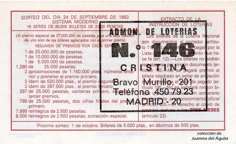 Reverso del décimo de Lotería Nacional de 1983 Sorteo 37