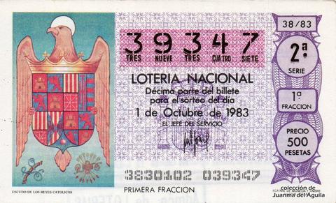 Décimo de Lotería Nacional de 1983 Sorteo 38 - ESCUDO DE LOS REYES CATOLICOS