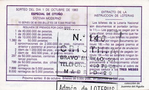 Reverso del décimo de Lotería Nacional de 1983 Sorteo 38
