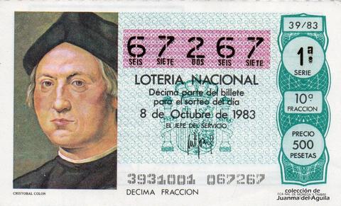Décimo de Lotería Nacional de 1983 Sorteo 39 - CRISTOBAL COLON