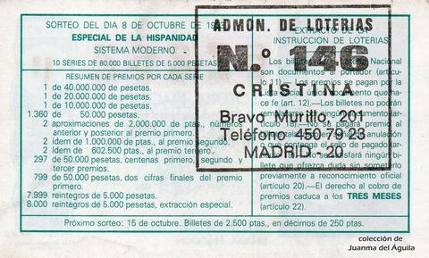 Reverso del décimo de Lotería Nacional de 1983 Sorteo 39