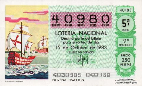 Décimo de Lotería Nacional de 1983 Sorteo 40 - CARABELAS ESPAÑOLAS