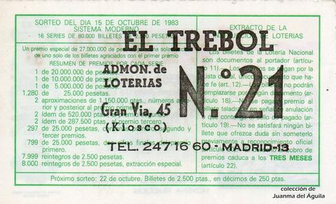 Reverso del décimo de Lotería Nacional de 1983 Sorteo 40