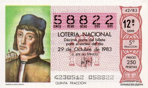 Décimo de Lotería Nacional de 1983 Sorteo 42 - MARTIN ALONSO PINZON
