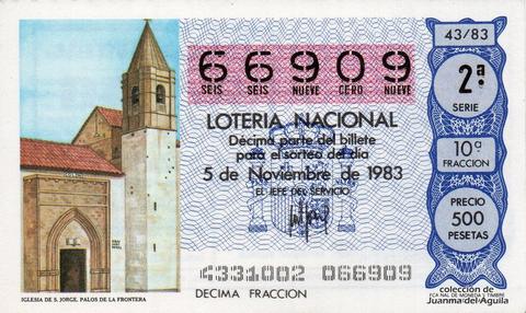 Décimo de Lotería Nacional de 1983 Sorteo 43 - IGLESIA DE S. JORGE. PALOS DE LA FRONTERA