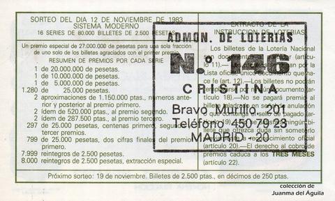 Reverso del décimo de Lotería Nacional de 1983 Sorteo 44