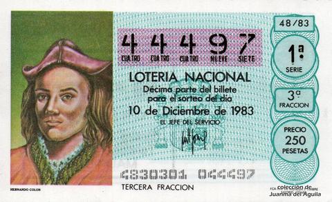 Décimo de Lotería Nacional de 1983 Sorteo 48 - HERNANDO COLON