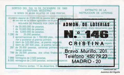 Reverso del décimo de Lotería Nacional de 1983 Sorteo 48