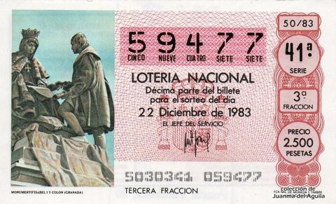 Décimo de Lotería Nacional de 1983 Sorteo 50 - MONUMENTO ISABEL I Y COLON (GRANADA)