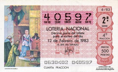 Décimo de Lotería Nacional de 1983 Sorteo 6 - LAS JOYAS DE ISABEL I