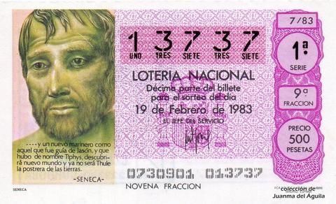 Décimo de Lotería Nacional de 1983 Sorteo 7 - SENECA
