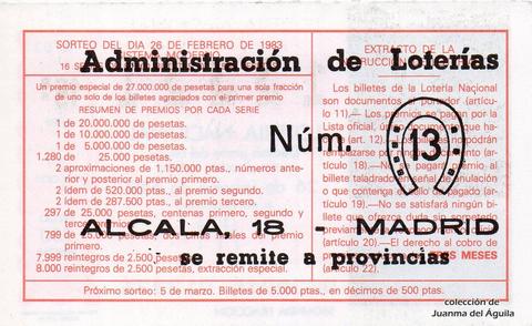 Reverso del décimo de Lotería Nacional de 1983 Sorteo 8