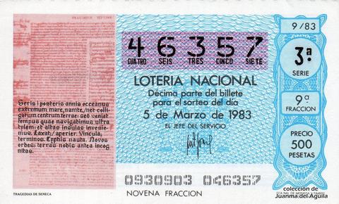 Décimo de Lotería Nacional de 1983 Sorteo 9 - TRAGEDIAS DE SENECA