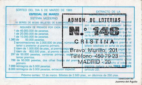 Reverso del décimo de Lotería Nacional de 1983 Sorteo 9