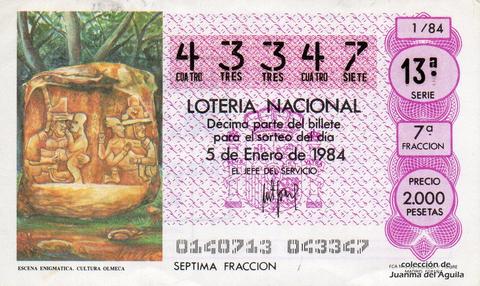 Décimo de Lotería Nacional de 1984 Sorteo 1 - ESCENA ENIGMATICA. CULTURA OLMECA