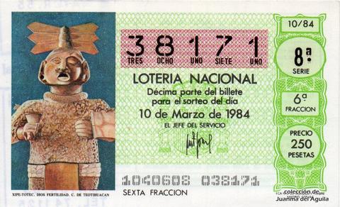 Décimo de Lotería Nacional de 1984 Sorteo 10 - XIPE-TOTEC, DIOS DE LA FERTILIDAD. CULTURA DE TEOTIHUACAN