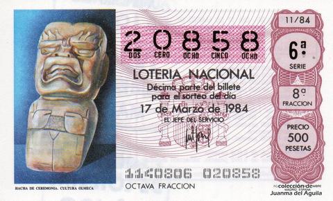Décimo de Lotería Nacional de 1984 Sorteo 11 - HACHA DE CEREMONIA. CULTURA OLMECA