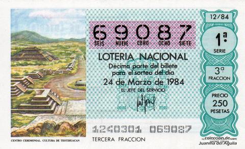 Décimo de Lotería Nacional de 1984 Sorteo 12 - CENTRO CEREMONIAL. CULTURA DE TEOTIHUACAN
