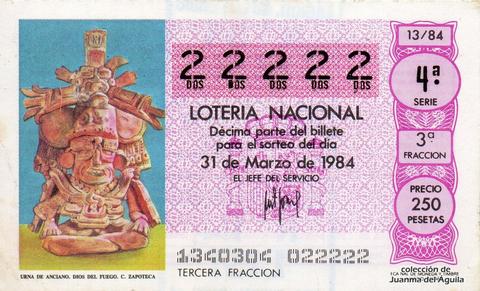 Décimo de Lotería Nacional de 1984 Sorteo 13 - URNA DE ANCIANO DIOS DEL FUEGO. CULTURA ZAPOTECA