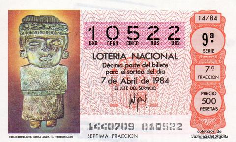 Décimo de Lotería Nacional de 1984 Sorteo 14 - CHALCHIUTLICUE, DIOSA DEL AGUA. CULTURA DE TEOTIHUACAN