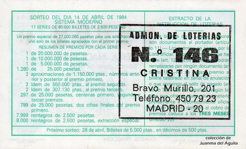 Reverso décimo de Lotería 1984 / 15