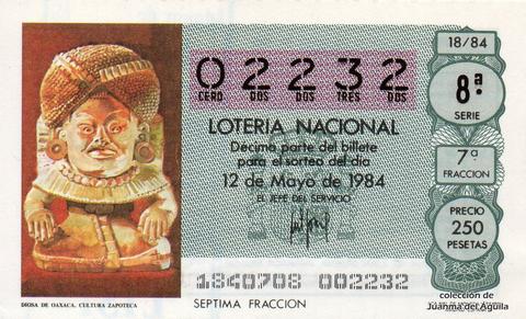 Décimo de Lotería Nacional de 1984 Sorteo 18 - DIOSA DE OAXACA. CULTURA ZAPOTECA