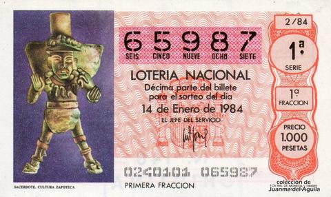 Décimo de Lotería Nacional de 1984 Sorteo 2 - SACERDOTE. CULTURA ZAPOTECA