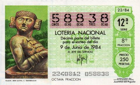 Décimo de Lotería Nacional de 1984 Sorteo 22 - TLALOC. DIOS DE LA LLUVIA. CULTURA DE TEOTIHUACAN