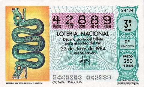 Décimo de Lotería Nacional de 1984 Sorteo 24 - PECTORAL DE SERPIENTE BICEFALA. CULTURA MIXTECA