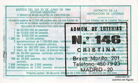 Reverso décimo de Lotería 1984 / 24