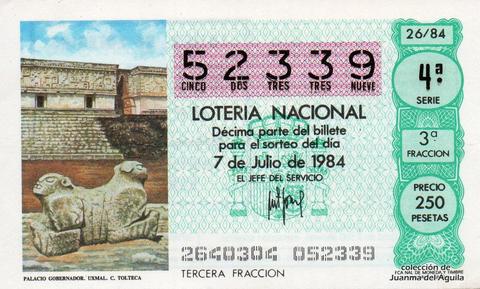 Décimo de Lotería Nacional de 1984 Sorteo 26 - PALACIO DEL GOBERNADOR. UXMAL. CULTURA TOLTECA