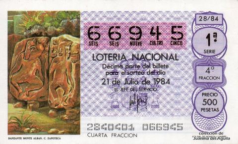 Décimo de Lotería Nacional de 1984 Sorteo 28 - DANZANTE DE MONTE ALBAN. CULTURA ZAPOTECA