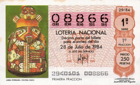 Décimo de Lotería Nacional de 1984 Sorteo 29 - JARRA FUNERARIA. CULTURA NAZCA