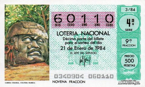 Décimo de Lotería Nacional de 1984 Sorteo 3 - CABEZA COLOSAL. CULTURA OLMECA