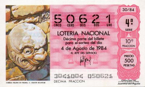 Décimo de Lotería Nacional de 1984 Sorteo 30 - CABEZA DE FELINO EN PIEDRA. CULTURA DE CHAVIN DE HUANTAR